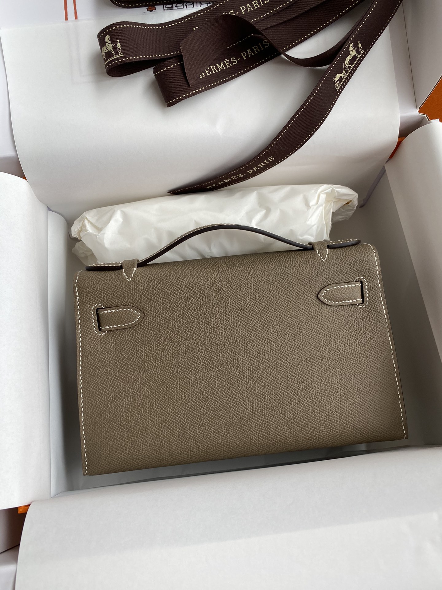 Hermes Mini Kelly Pochette 22cm Bag In Etoupe Epsom Leather